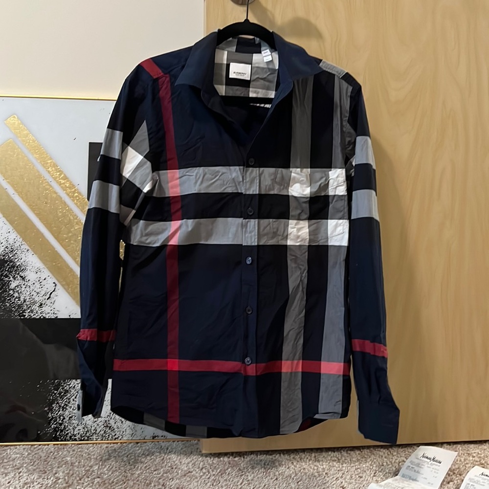 Burberry Mens Navy Simpson Check Longsleeve Button up Size M